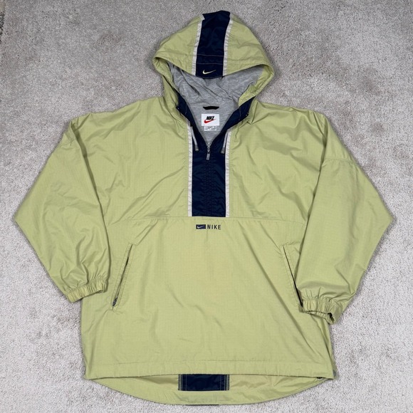 VTG 90s Nike Pullover Anorak Hooded Jacket Light Green Navy Women Large - Picture 2 of 8